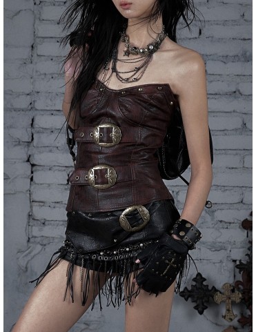 Bustier marron rougeâtre en PU avec boucle en forme de cœur