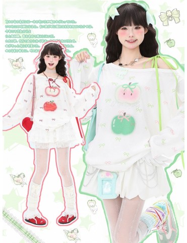 Haut asymétrique une épaule rouge/vert avec nœud et motif pomme
