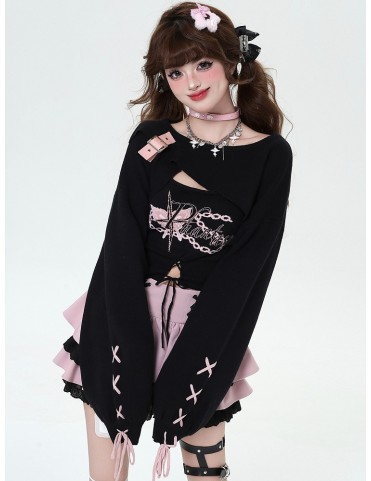 Ensemble tricot noir épicé : Boléro court et débardeur lacé