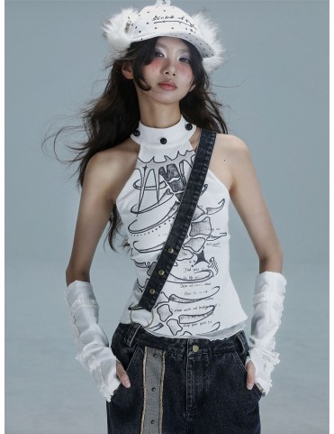 Haut dos nu punk blanc avec motif graphique et perles