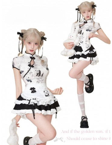 Haut court Cheongsam imprimé panda et bambou
