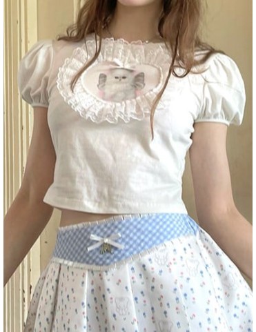 T-shirt court blanc avec application cœur et motif chat