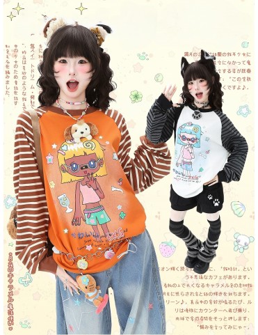 Haut rayé blanc/orange avec motif fille cartoon