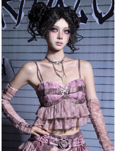 Haut court Y2K pastel punk rose à paillettes avec papillon strass et p