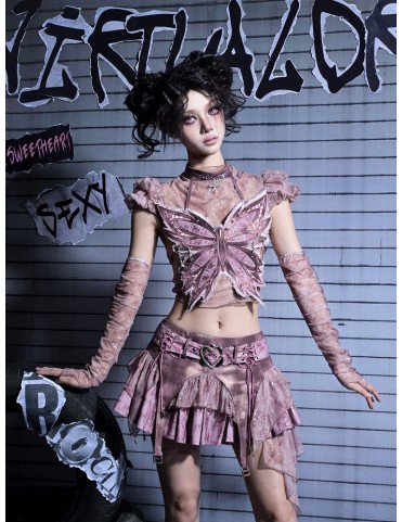 Haut Y2K Rose Punk en Tulle Effiloché avec Graphismes Argentés et Manc