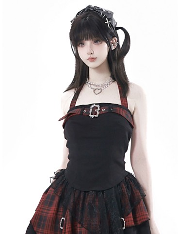 Haut halter Y2K - Noir à nouer avec empiècement écossais rouge/noir et