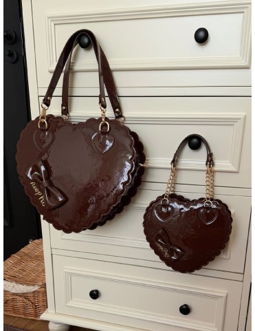 Sac cœur réversible marron PU - Style Lolita avec nœud et fermeture éc