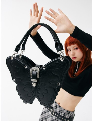 Sac bandoulière/sac à dos Noir Papillon en PU - Grande Taille