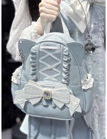 Sac à dos chat bleu clair avec nœud perlé et strass