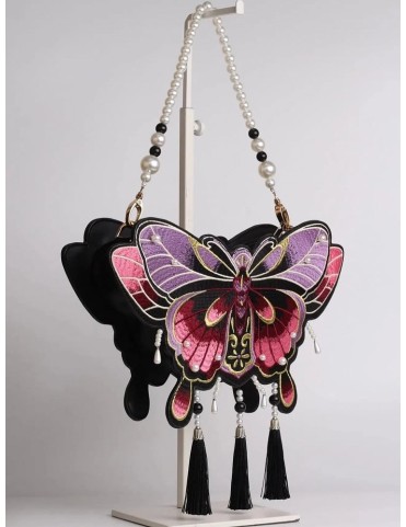 Sac brodé papillon décoré de franges pourpre-rouge