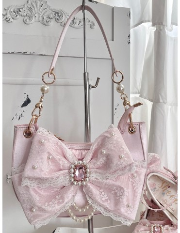 Sac aisselle Satin Rose Sweet Lolita - Grand nœud en dentelle avec orn