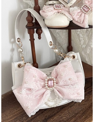 Sac seau en satin blanc Lolita - Dentelle ornée de strass et de perles