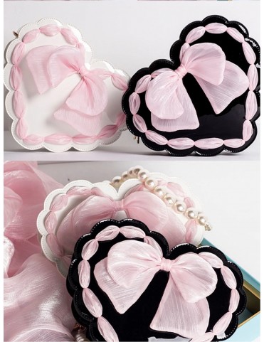Sac Lolita en forme de cœur avec perles et nœud, bandoulière ajustable