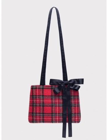 Mini sac seau rouge à carreaux, une épaule, avec nœud noir amovible