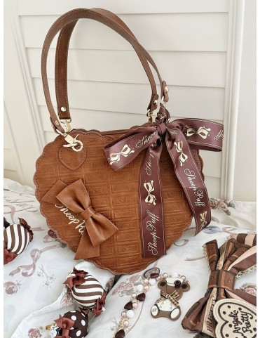 Sac cœur marron chocolat - Style Lolita triple porté avec motif et nœu