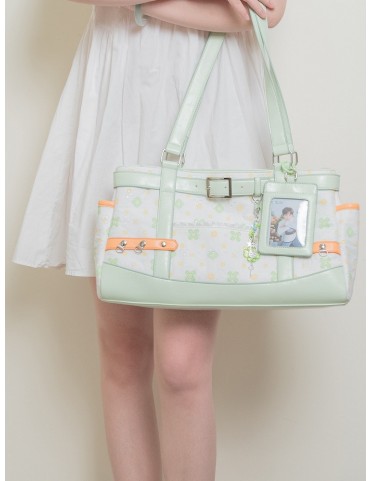 Grand sac cabas à thème trèfle vert et blanc avec détails de sangle et