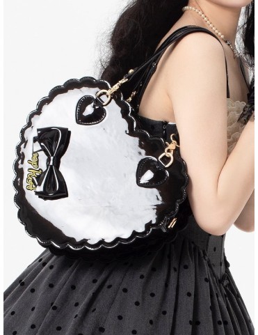 Sac bandoulière/à main en cuir PU noir style Lolita avec nœud et ferme