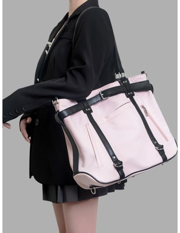 Grand cabas rose avec détails de bandoulière contrastés