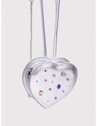 Sac à dos en forme de cœur argenté scintillant avec strass