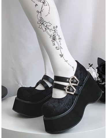 Mary Janes Noires à Double Boucle et Lacets Punk
