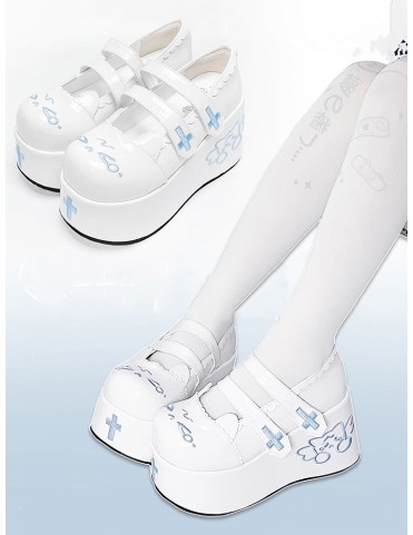 Plateformes bleues et blanches avec chat pleureur et brides Velcro