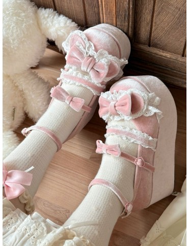 Mary Janes Rose Velours Plateforme - Accent Bow, Dentelle & Boucles Cœ