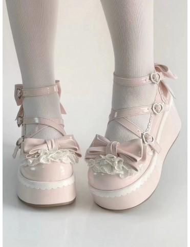 Mary Janes à plateforme Pink Lolita - Top à nœud et lacets superposés