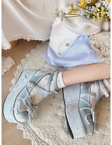 Mary Janes bleues à plateforme Lolita avec nœud, brides croisées et fe
