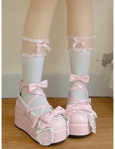 Plateformes roses ornées de nœuds et motifs croisés - Style Lolita 6.5