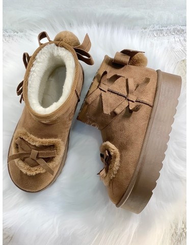 Bottines d'hiver Lolita Sweet Brown - Détails nœud, pompon arrière et