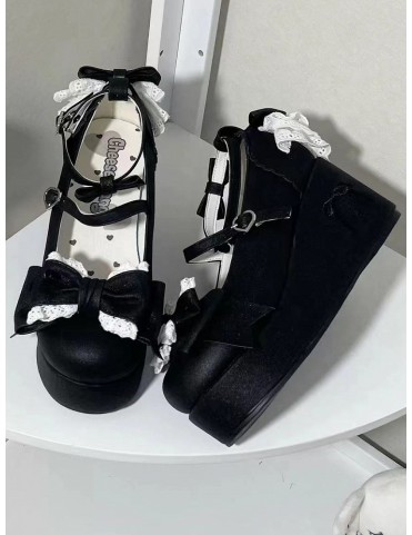 Plateformes Noires Sweet Lolita - Talon Brodé de Nœud, Boucle Cœur & D