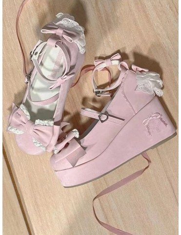 Escarpins plateforme satin rose Sweet Lolita - Lacets dos superposés,