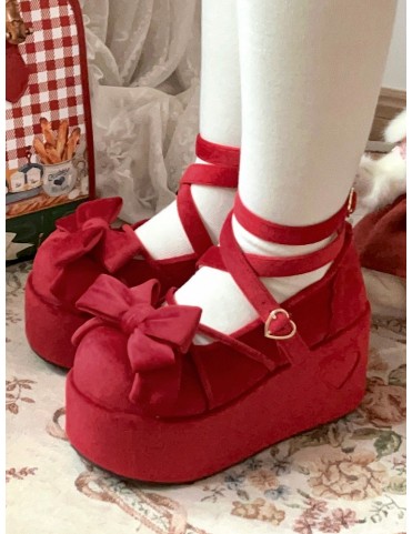 Plateformes velours rouge Lolita avec nœud, design croisé et fermoir c