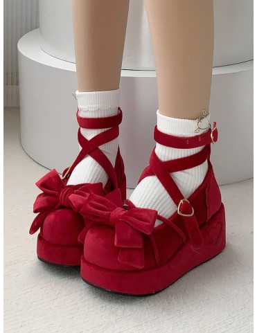 Plateformes velours rouge Lolita avec nœud et motif croisé
