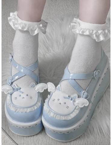 Chaussures Lolita Tenshi Kaiwai Bleu, bout rond, cœur, boucle et plate