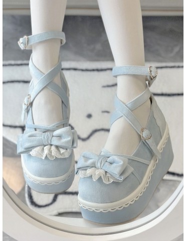 Mary Janes Velvet Blue Sweet Lolita à plateforme - Lacets, boucle cœur