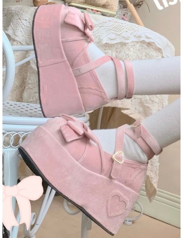 Plateformes Sweet Lolita Velvet Pink - Détails nœud, brides croisées e