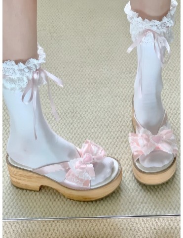 Pantoufles Lolita Rose avec Applique Cœur, Semelle en Bois et Nœud
