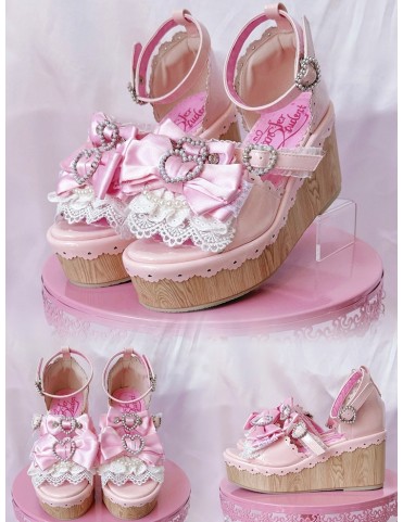 Sandales compensées rose Hime Gyaru - Boucles cœurs perlées et nœuds