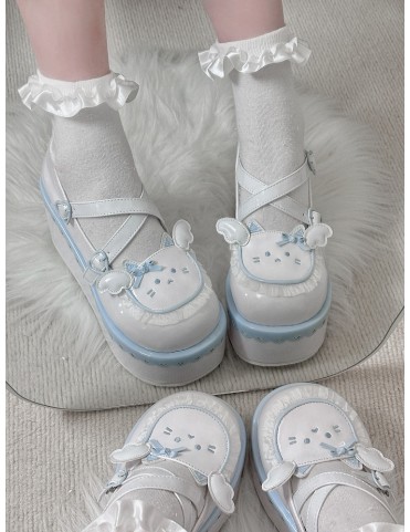 Chaussures Lolita plateforme à boucle cœur d'ange, bout rond, bleu et