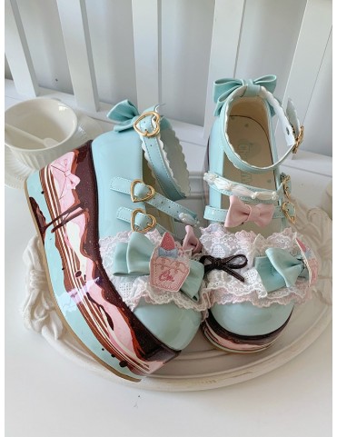 Chaussures Lolita à plateforme décorées de nœuds et de dentelle vert e