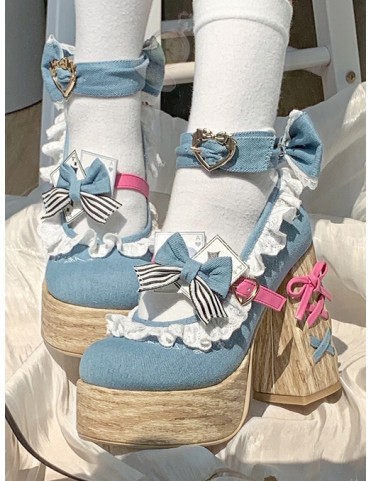 Plateformes Mary Janes Alice au Pays des Merveilles - Denim Bleu