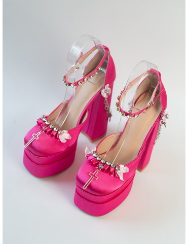 Escarpins à brides et strass rose rouge