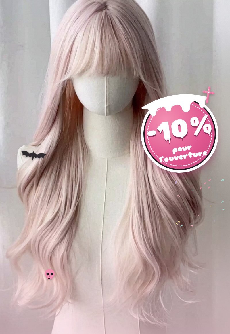 Perruque ondulée rose doré 70 cm à frange