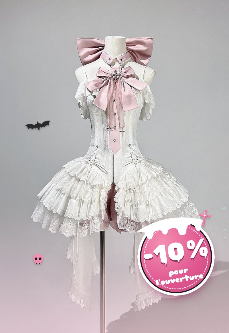 Ensemble robe corset JSK blanche, bloomer rose et nœuds
